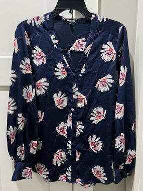 Express Navy Blue Palm Leaf Floral V-Neck Blouse Size M